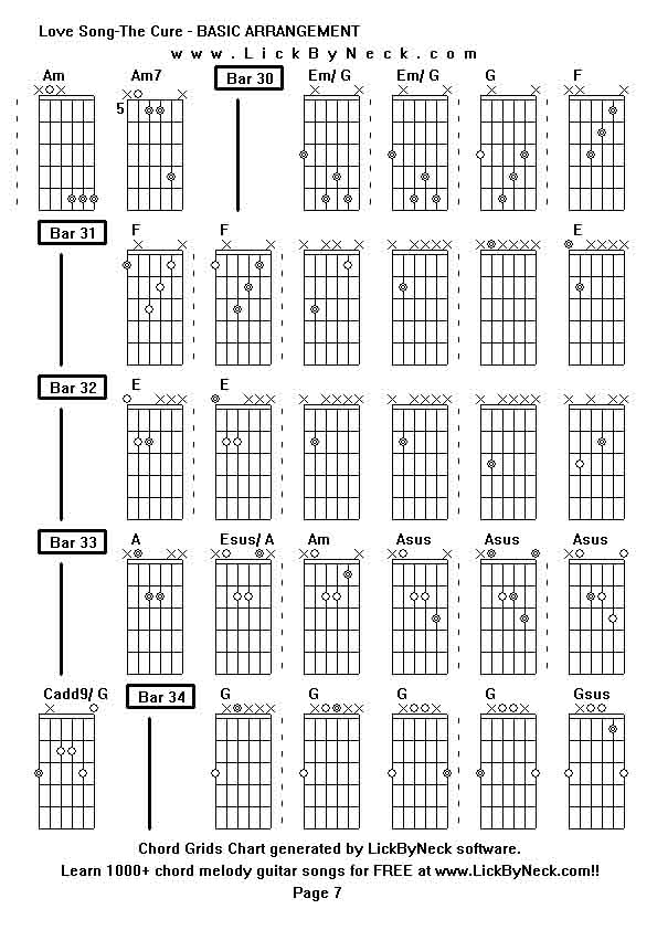 Chord Grids Chart of chord melody fingerstyle guitar song-Love Song-The Cure - BASIC ARRANGEMENT,generated by LickByNeck software.